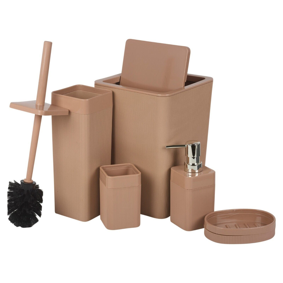 (Beige) 5 Pcs Bathroom Set Bin Soap Dispenser Toothbrush Holder Soap Dispenser WC Brush