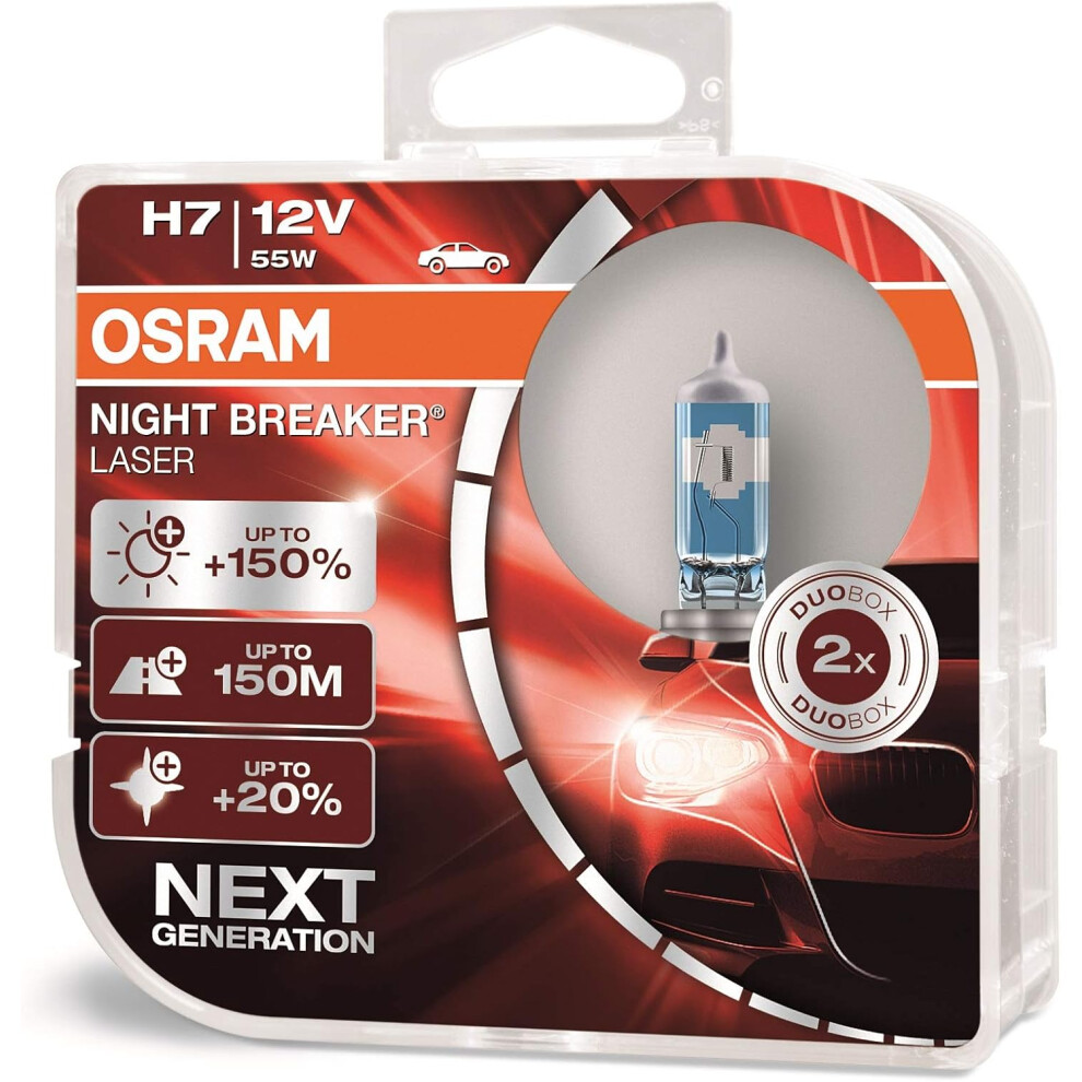 Osram Night Breaker Laser H7, +150% More Brightness Halogen Headlight Lamp, 64210Nl-Hcb, 12V, Duo Box (2 Lamps)