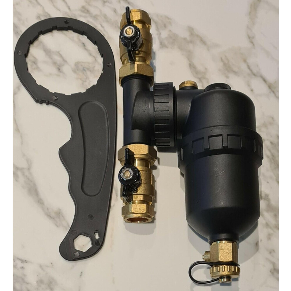 Magnetic Boiler Filter 22mm Inline Sludge Remover for Central Heating Systems - Includes Isolating Valves - 12000 Gauss Magnet TC-FILTER