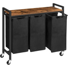 Rustic Brown 3-Compartment Laundry Sorter with Lid on Wheels - EBF38XY01G1, 84x33x74.5 cm, includes 3 bags and shelf