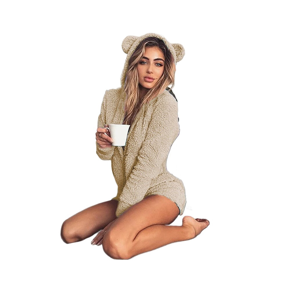 (Khaki, S) New Plush Solid Color Long Sleeve Hooded Cute Women's Jumpsuit Shorts Home Clothes-image-OPC-PFPXNDB-NEW