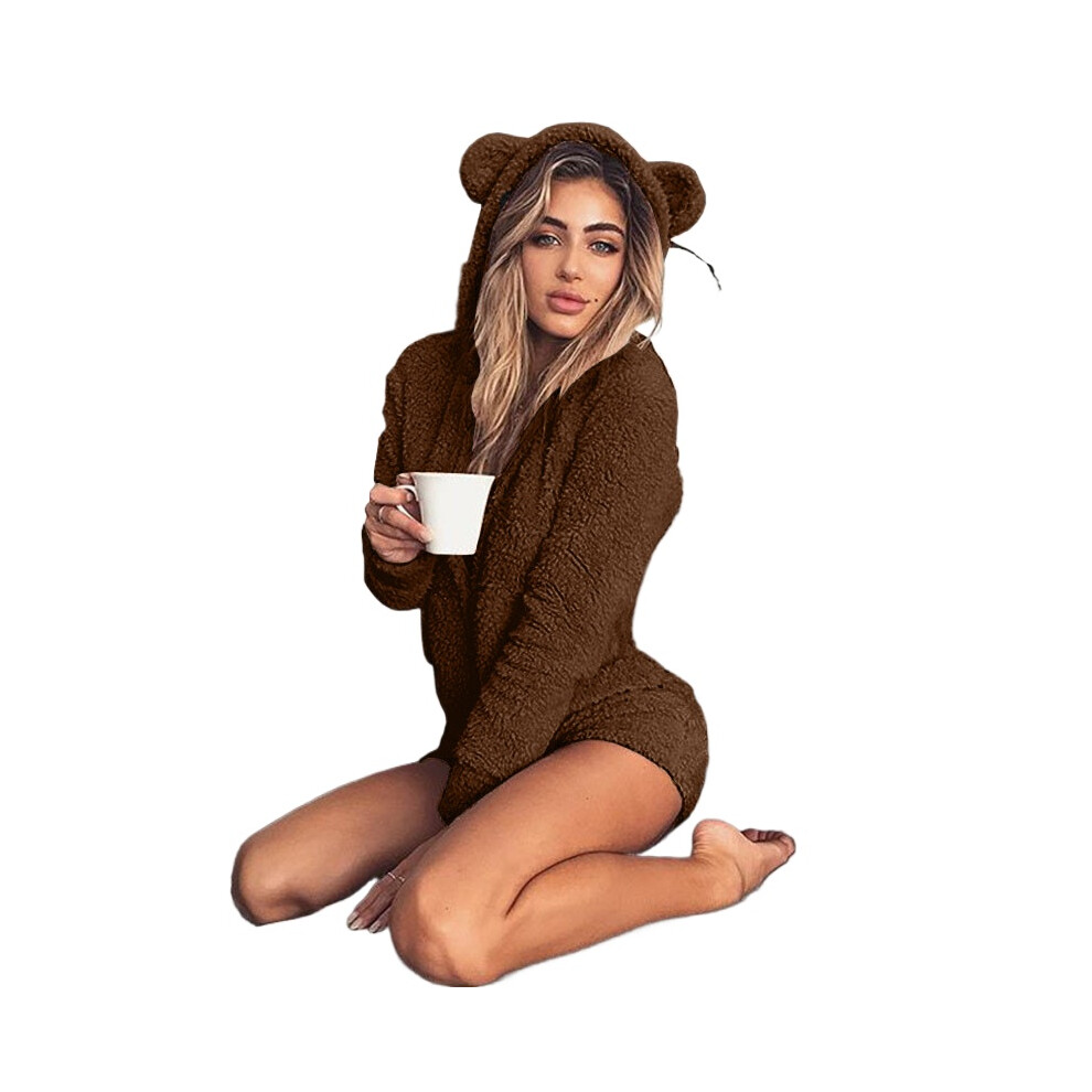 (Brown, S) New Plush Solid Color Long Sleeve Hooded Cute Women's Jumpsuit Shorts Home Clothes-image-OPC-PFPXND2-NEW
