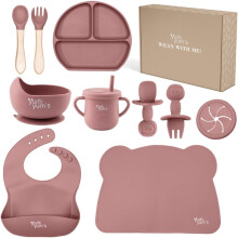 Yum Yum's Baby Weaning Set Toddler Water Bottle Cups Baby Bowls Spoon Fork Baby Plate Set More Baby Feeding Set Baby Gifts Present 10 Pieces (Pink)