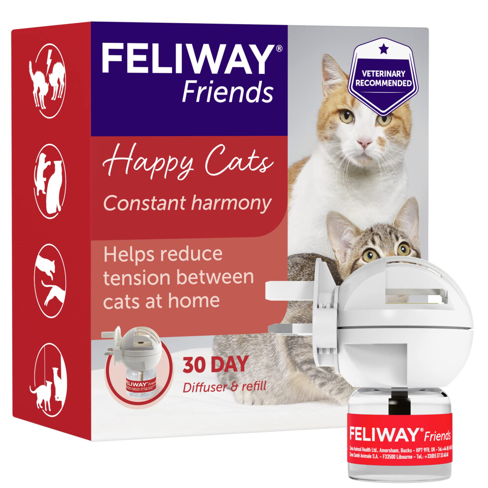 Friends 30 Day Starter Kit | Plug In Anxiety Relief Pheromone Diffuser For Cats With 48ml Feliway Friends Refill | Reduce Conflict In A Multi-Cat