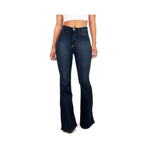 (Navy Blue, L) (Navy, M) Women's Jeans High Waist Loose Button Down Trousers Casual Flares
