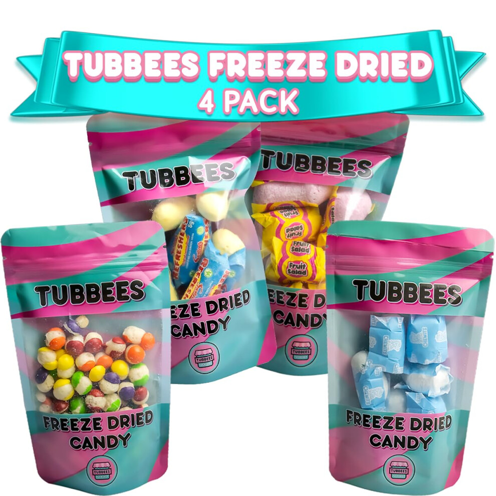 Tubbees Freeze Dried Sweets, 4 Pack Favourties Selection Bundle, Skittles, Refreshers, Chewits and Fruit Salad