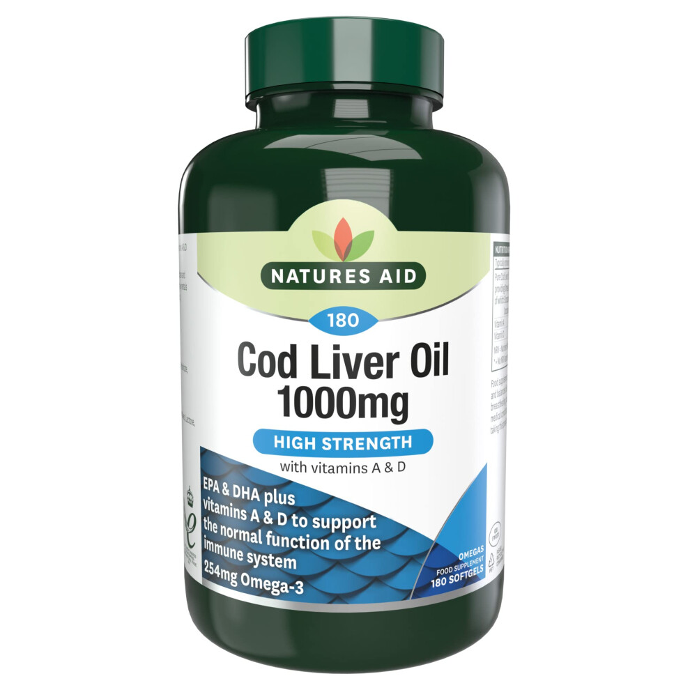 Cod Liver Oil, 1000 mg, 180 Softgel Capsules (High Strength, 254 mg Omega-3 with Vitamins A and D for Normal Function of the Immune System, Made in
