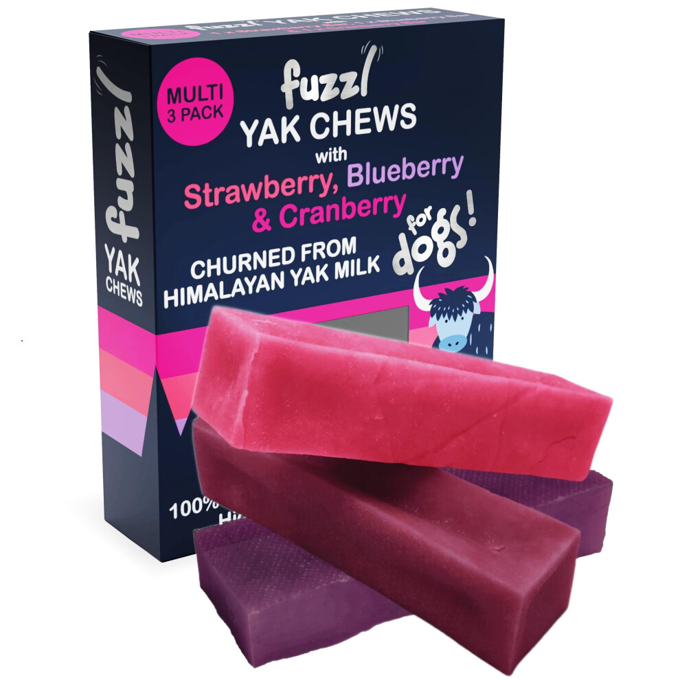 Fuzzl Yak Chews Multipack Strawberry, Blueberry & Cranberry Premium Natural Dog Treats With Himalayan Yak Milk 195G Yak Chew No Hide Dog Food Natural Dog