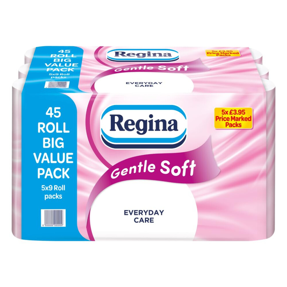 Gentle Soft Toilet Tissue - 45 Rolls of 3 Ply Toilet Paper, 160 Sheets, Soft and Gentle, 30% PCR Plastic Packaging, FSC Certificated