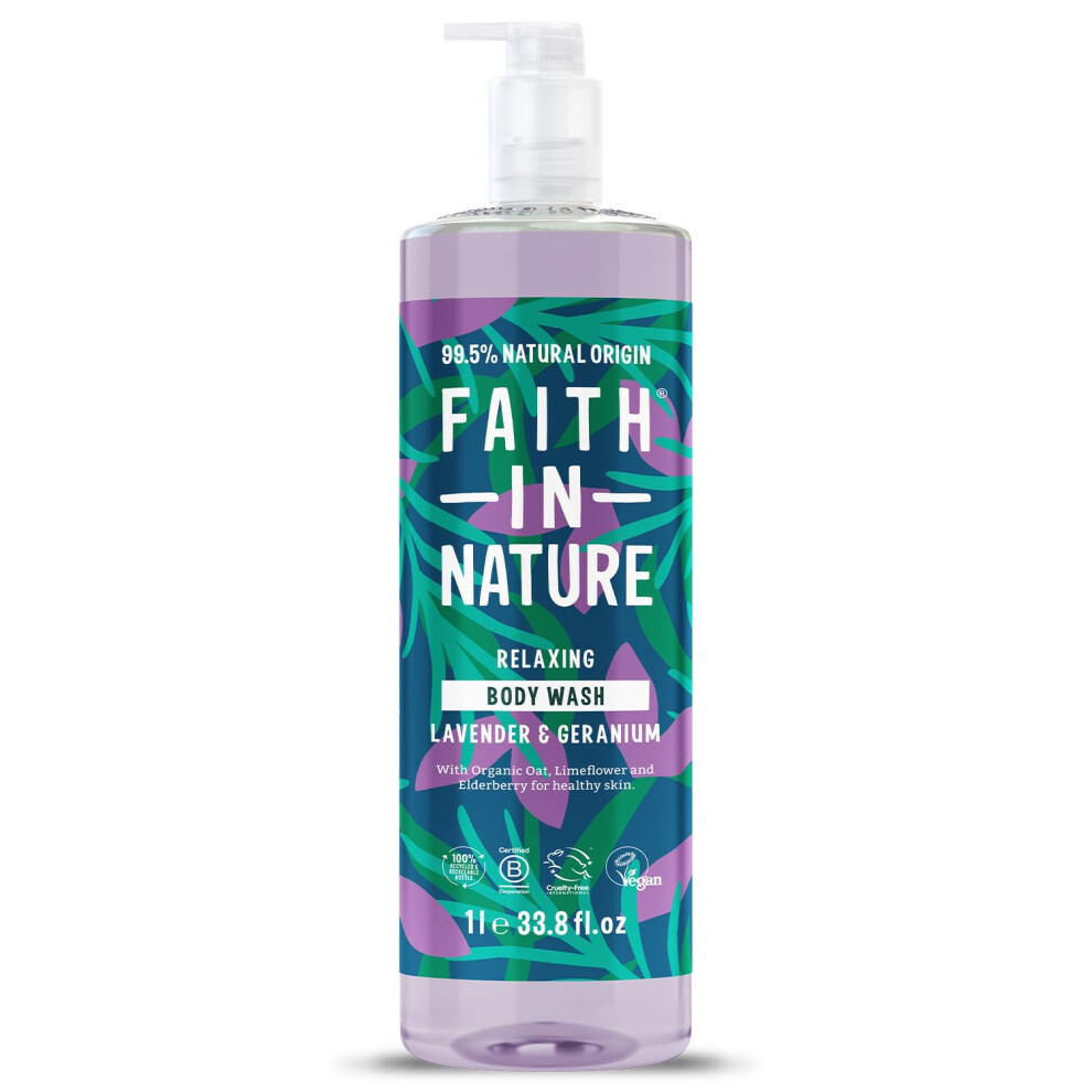 1L Natural Lavender & Geranium Body Wash, Relaxing Shower Gel, Vegan and Cruelty Free, No SLS or Parabens, Family Sized