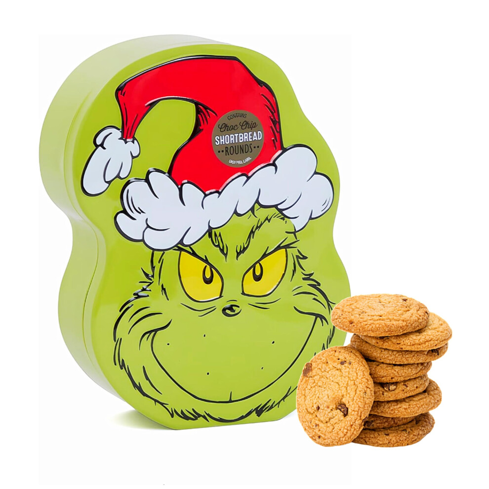 The Grinch Biscuit Tin Gift Set - Adorable Grinch Face Metal Tin with Choc Chip Shortbread Biscuits 150g Wonderful Biscuits Gift Set with Topline Card