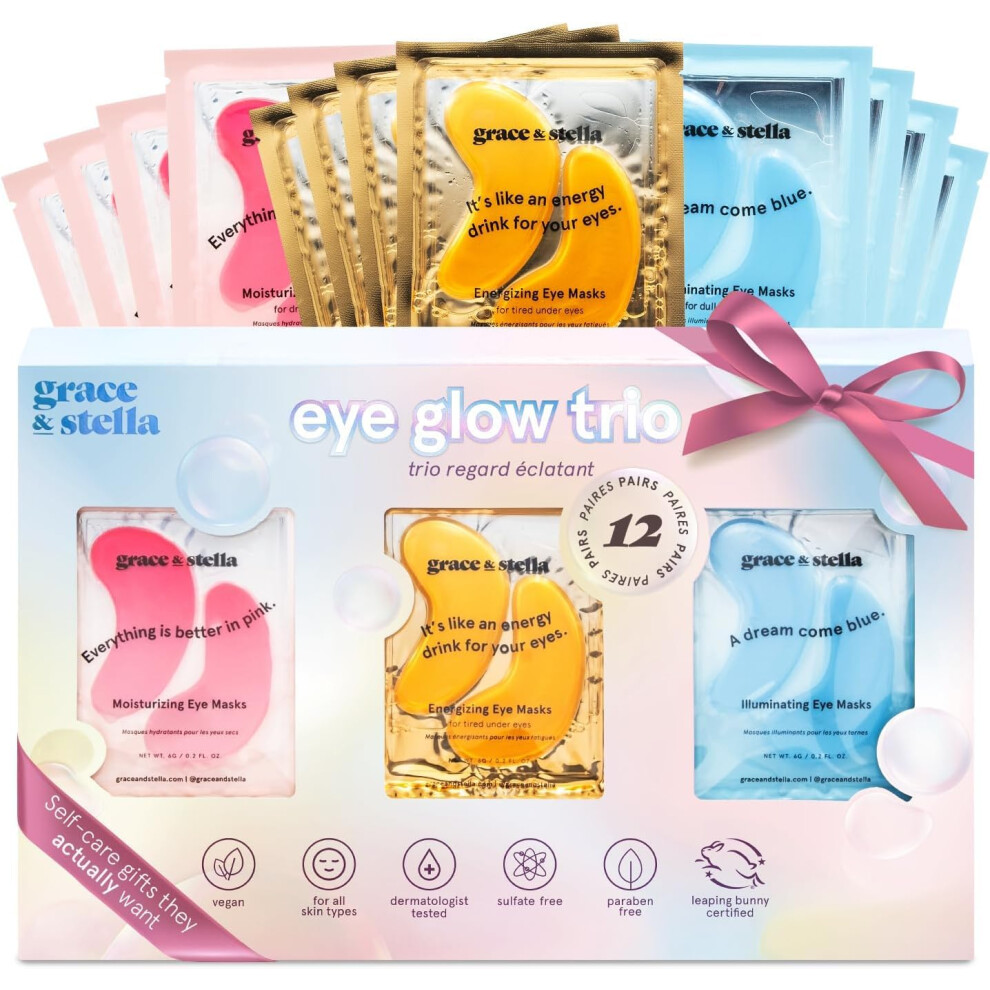 Trio Under Eye Gel Patches Birthday Gifts for Women (12 Pairs, 3 Colours) Christmas Gifts for Women to treat Dark Circles, Eye Masks for Puffy Eyes,