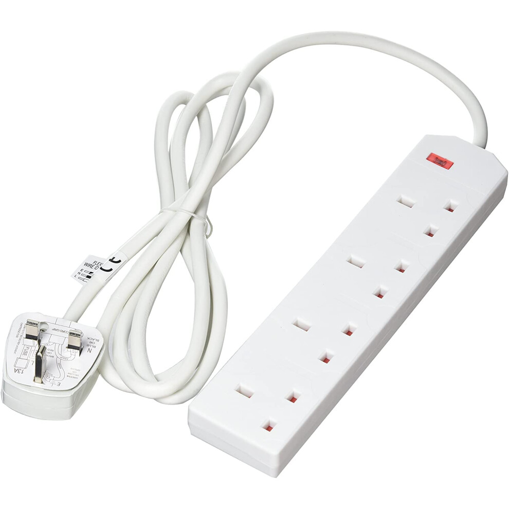 Heavy Duty Extension lead 4 Gang Way 2M,Power Adapter, Multi Socket Mains Strip White Extension Lead UK Pin Plug and Cable, (4 GANG 2 M, WHITE)