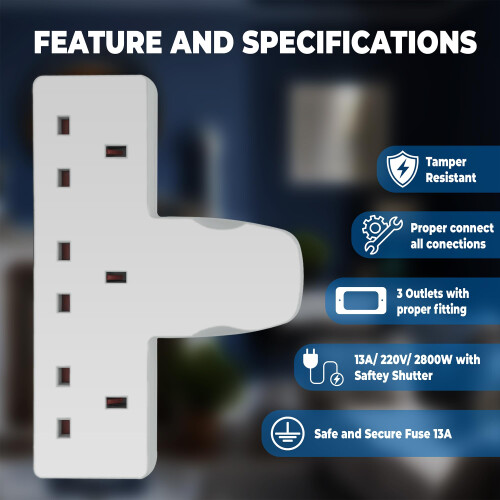 3 Way Plug Extender, Extension Plug 3 Outlet Multi Plug Adapter Surge Protector Plug, Triple Adapter Plug Extension Socket Uk Multi Plug Adaptor 3 Way 1