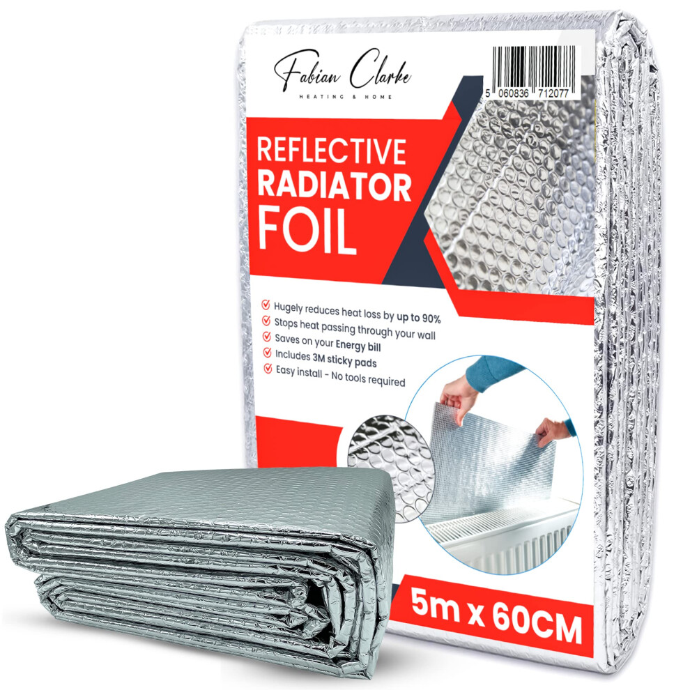 Radiator Foil Reflective Thermal Bubble Heating Insulation (5M X 60Cm) Energy Saving Helps Winter Bills Easy To Cut And Install Includes Sticky Pads