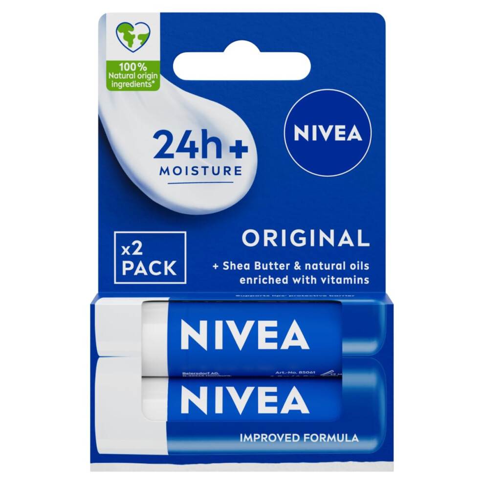 Nivea Original Care Duo Pack Lip Balm (2X 4.8G), Lip Moisturiser Deeply Hydrates For 24H+, 100% Natural Origin Ingredients, Shea Butter, And Vitamins, Lip
