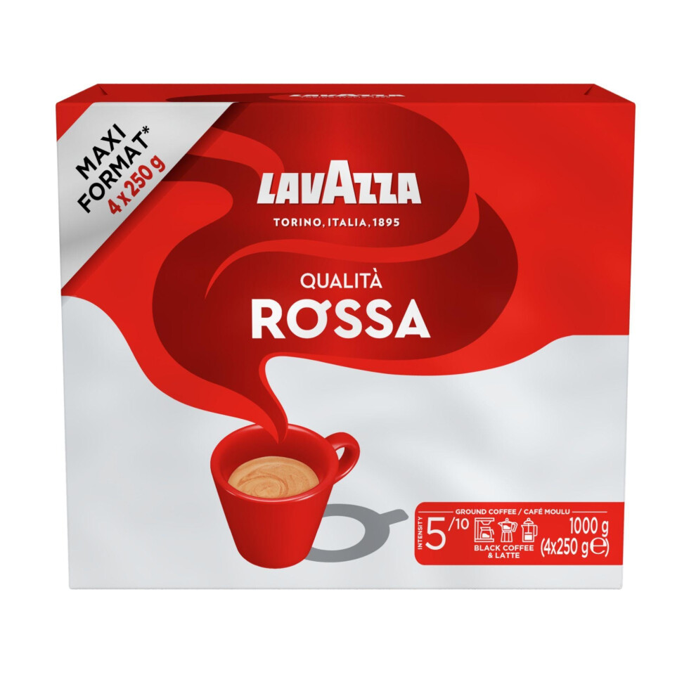 Lavazza, QualitÃ  Rossa, Ground Coffee, 4 x 250g, Ideal for Moka Pots, with Aromatic Notes of Chocolate and Dried Fruits, Arabica and Robusta,