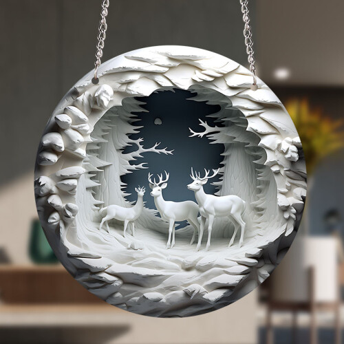 (20cm, NO-5) Cross-border Round Acrylic Christmas Decoration 3D Reindeer Hanging Plaque Holiday Wall Decorations