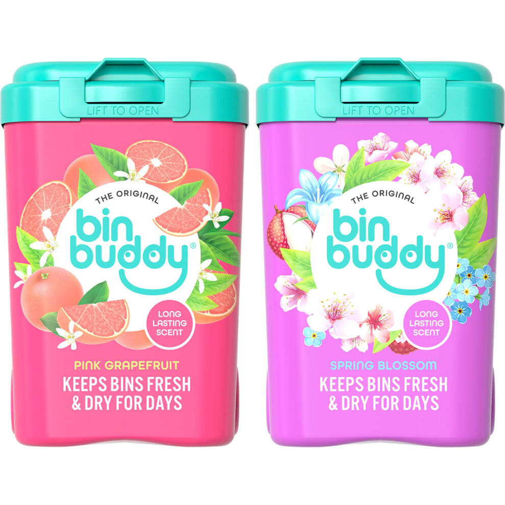 Bin Buddy Bin Freshener Deodoriser Powder (Mixed Scents) Pack of 2 | Pink Grapefruit & Spring Blossom, 450g Each, Suitable for Kitchen, Bathroom, Compost, Food Waste and Outdoor Wheelie Bins - Image 2