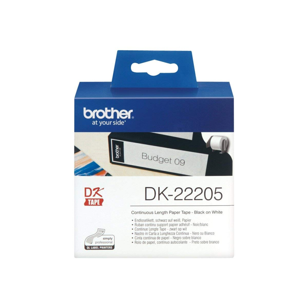 DK-22205 Label Roll | Continuous Length Paper | Black On White | 62mm (W) X 30.48M (L) | Brother Genuine Supplies