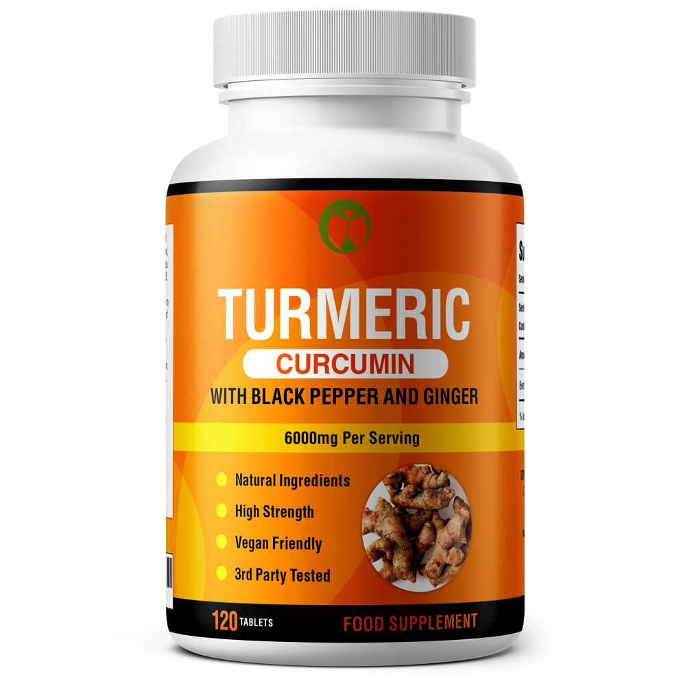 Turmeric Curcumin & Black Pepper with Ginger | High Strength 120 Tablets 6000mg per Serving | Made in The UK | Natural Health Supplement for Men &