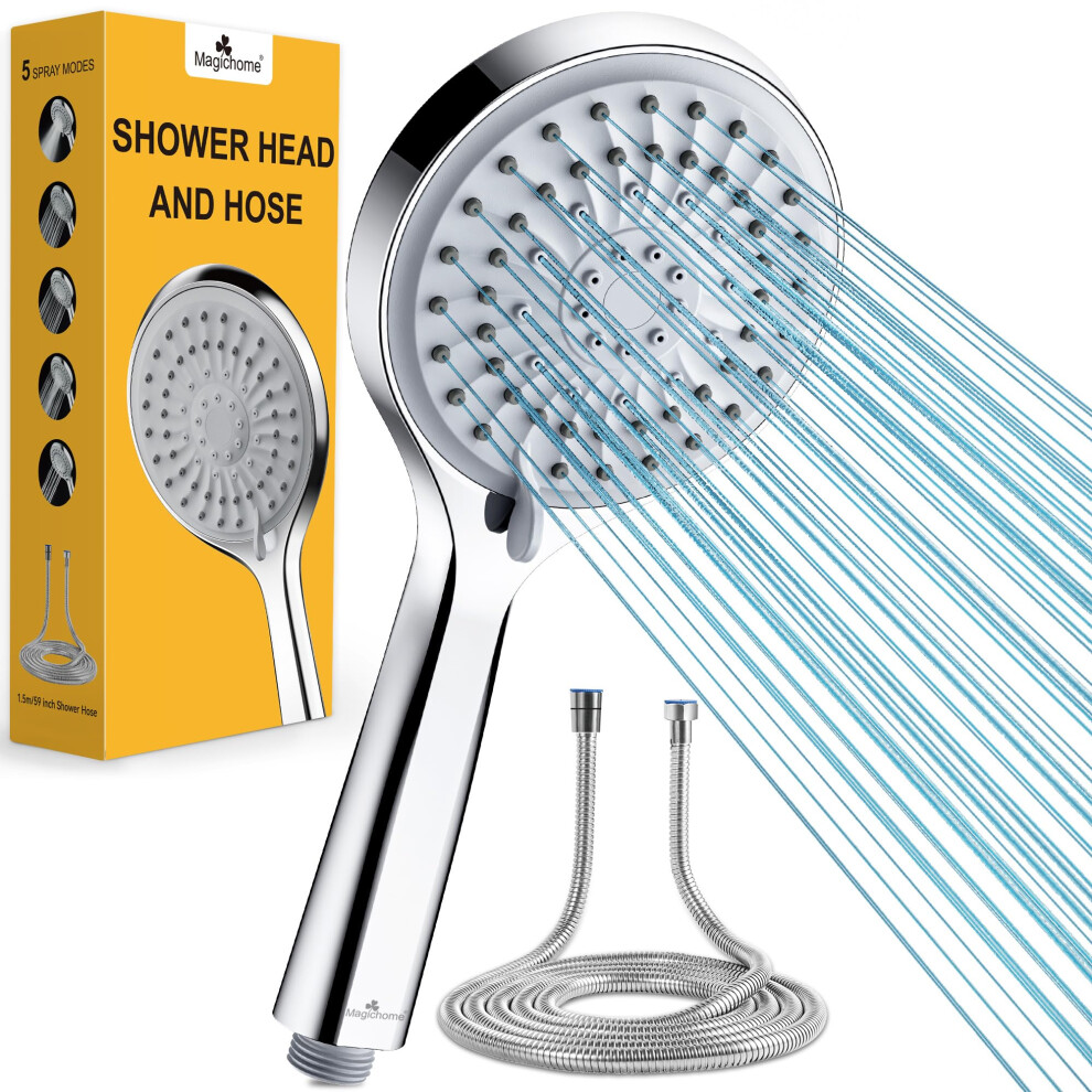 High Pressure Shower Head and Hose, 5 Spray Modes Shower Head with 1.5m Hose, Large Powerful Flow Handheld Showerhead for Low Water Pressure