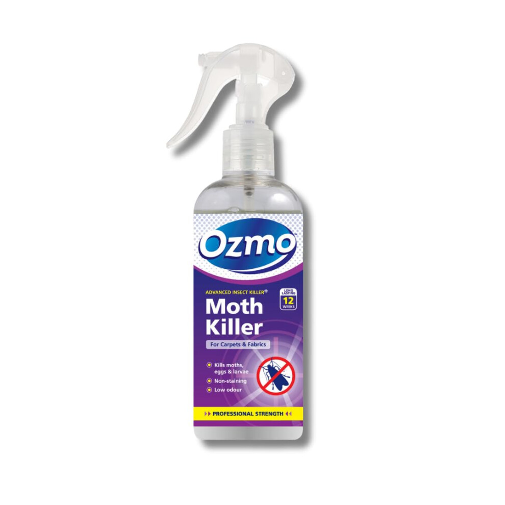 Moth Killer Spray, 250ml, Kills Moths, Eggs and Larvae, Safe for Home, Fragrance - Free, Use in Wardrobes and Drawers, Hard Surfaces, Carpets, Fabrics