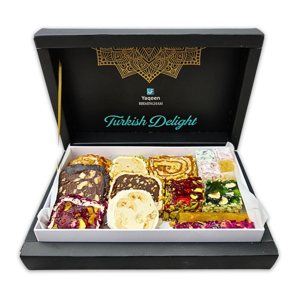 Yaqeen Turkish Delight Lokum Mix Gift Box 13 Different Flavours Deluxe Sweets Gourmet Soft Candy Vegetarian Halal Gluten Free (250 G)