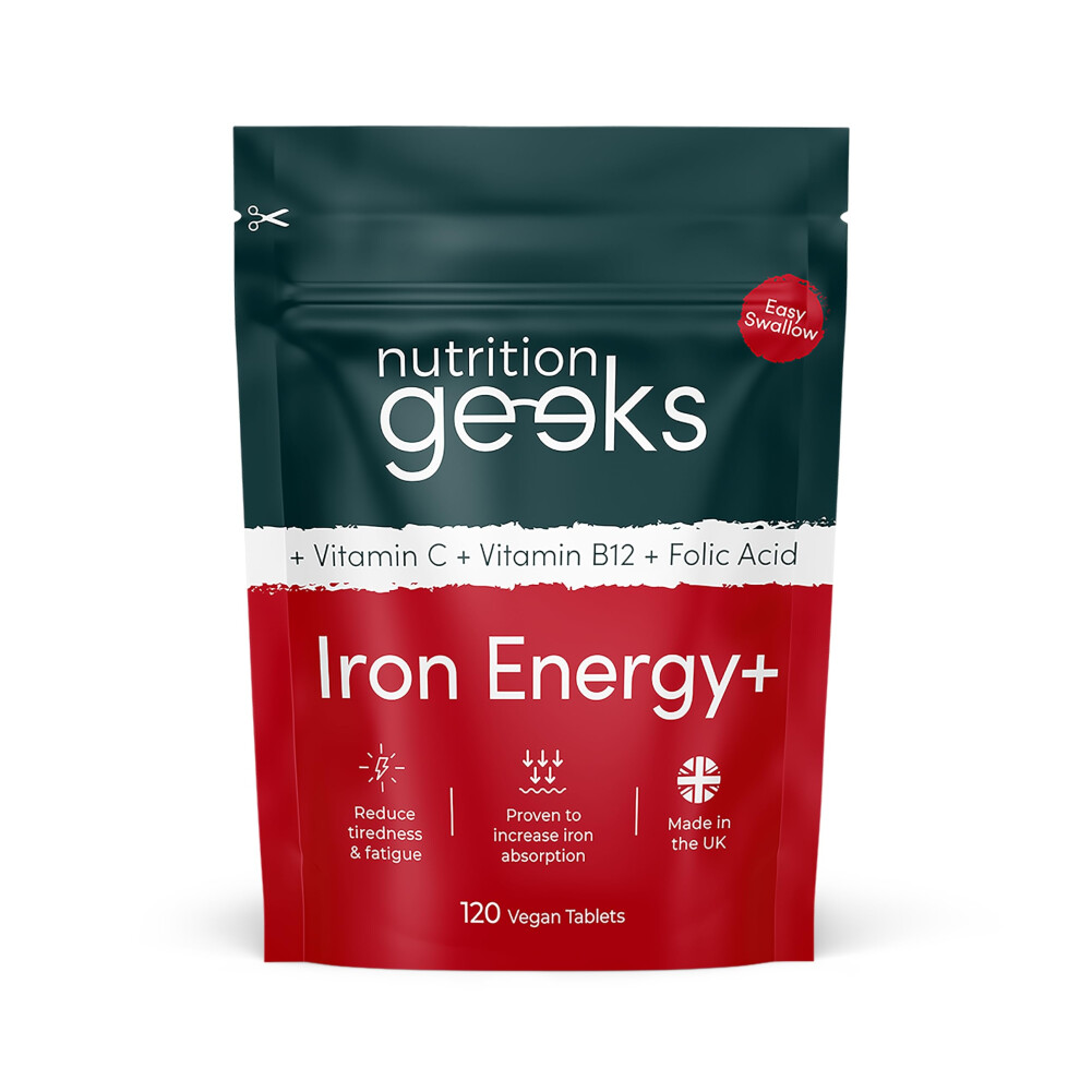 Nutrition Geeks Iron Tablets High Strength Tablets With Vitamin C, B12 & Folic Acid - 120 Vegan Supplements For Women And Men - 14Mg Iron Vitamin For Enhanced Energy