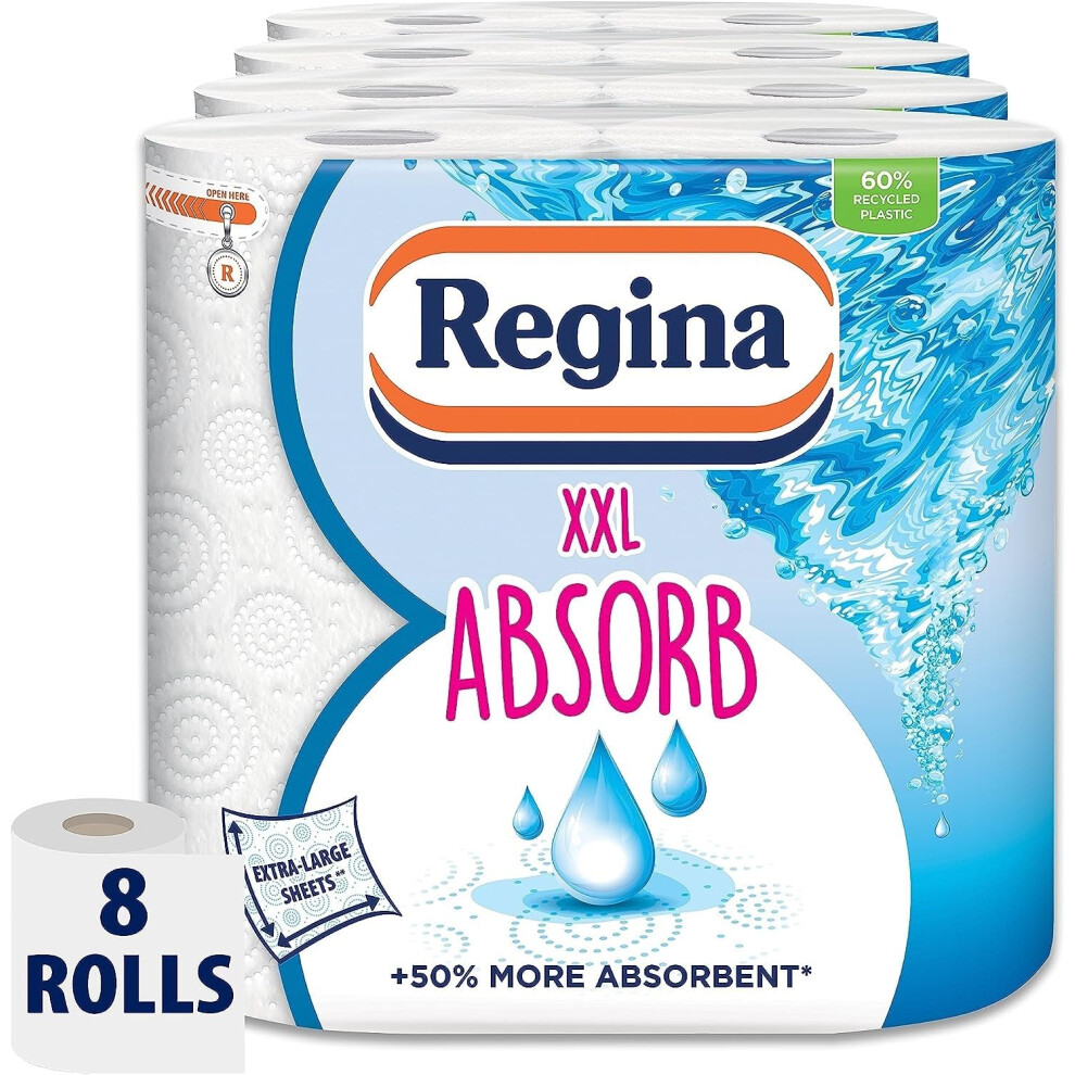 Regina Xxl Absorb Kitchen Towels – 8 Rolls Per Pack, Super Absorbent 2-Ply Kitchen Towels, 75 Sheets Per Roll, Extra-Large Sheets, 50 Percent More