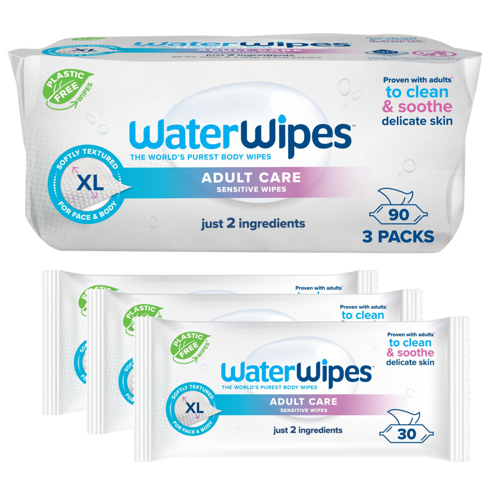 Waterwipes Adult Care Sensitive Wipes, 90 Wipes (3 Packs), Extra Large, Water-Based Wet Wipe, Designed For All Over Cleansing