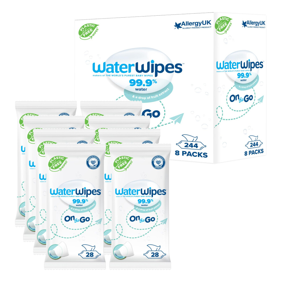 On The Go Wipes, 224 Wipes (8 Packs), 99% Water-Based Wet Wipes, Ideal for Travel, Designed for Face & Body