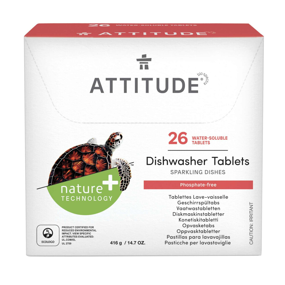Attitude Dishwasher Pods, Naturally Derived Dishwashing Detergent, Vegan And Plant-Based Dish Soap Tablets, Phosphate Free, Unscented, 26 Count