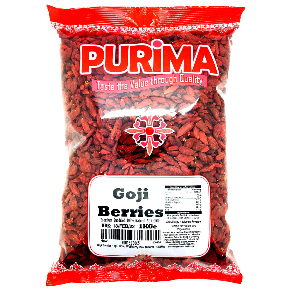 Purima Goji Berries 1Kg 100% Raw Natural Non Gmo Premium Quality Whole Wolf Berry Sun Dried Fresh Wolfberry - Full Of Antioxidants Healthy Superfood - Vegan