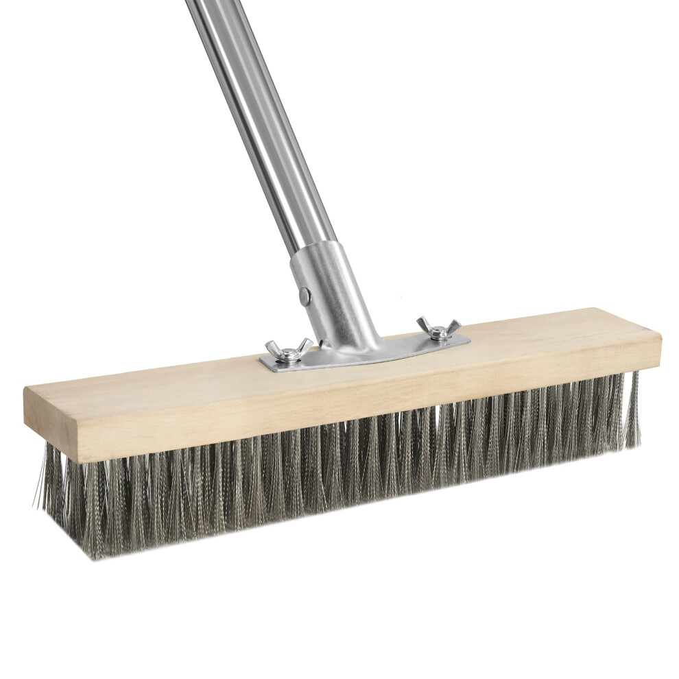 Heavy Duty Wire Broom with 63inch Long Handle, 11.4inch Stiff Metal Bristle Brush for Removing Weed Moss Algae, Outdoor Yard Scrubbing Brush for Patio