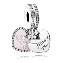 Double dangle Best friend always there pink heart bead charm for women bracelet S925 Sterling Silver Gift For Women / friend birthday Gifts