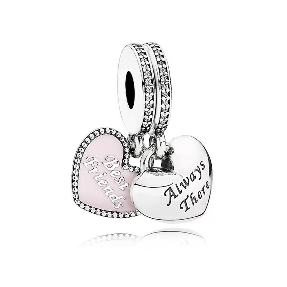 Double dangle Best friend always there pink heart bead charm for women bracelet S925 Sterling Silver Gift For Women / friend birthday Gifts