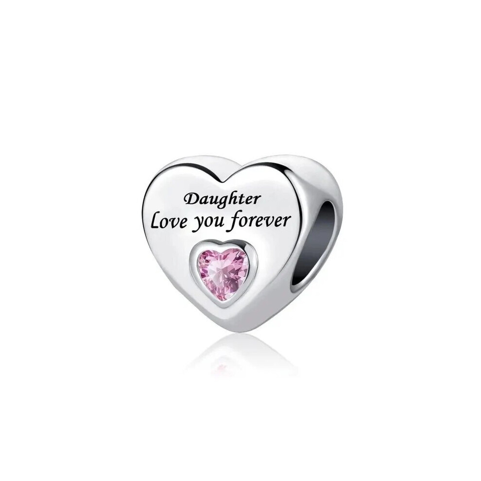 (Daughter love you forever) S925 Silver Sterling Family Love You Forever Heart Pink bead Bracelet Charms Personalized Elegant Bridesmaid for snake chain Bracelet Charms
