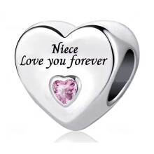 (Niece love you forever ) S925 Silver Sterling Family Love You Forever Heart Pink bead Bracelet Charms Personalized Elegant Bridesmaid for snake chain Bracelet Charms