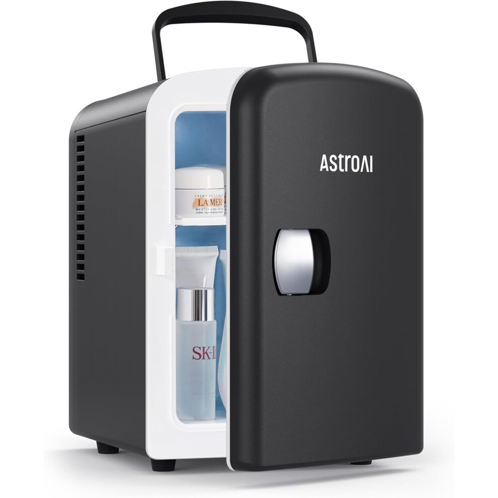 AstroAI Mini Fridge 4 Litre, 6 Can Portable AC+DC Power Cooler, for Bedrooms, Cars, Offices; Skincare, Makeup, Cosmetics, Food (Black)