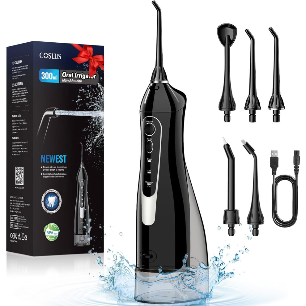 Coslus Water Dental Flosser For Teeth Cordless: Portable Oral Irrigator 300Ml 5 Jet Tips Rechargeable Tooth Flosser Teeth Braces Pick Ipx7 Waterproof