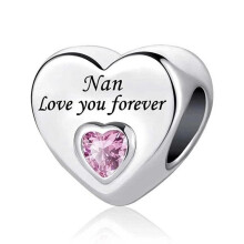 (Nan love you forever) S925 Silver Sterling Family Love You Forever Heart Pink bead Bracelet Charms Personalized Elegant Bridesmaid for snake chain Bracelet Charms