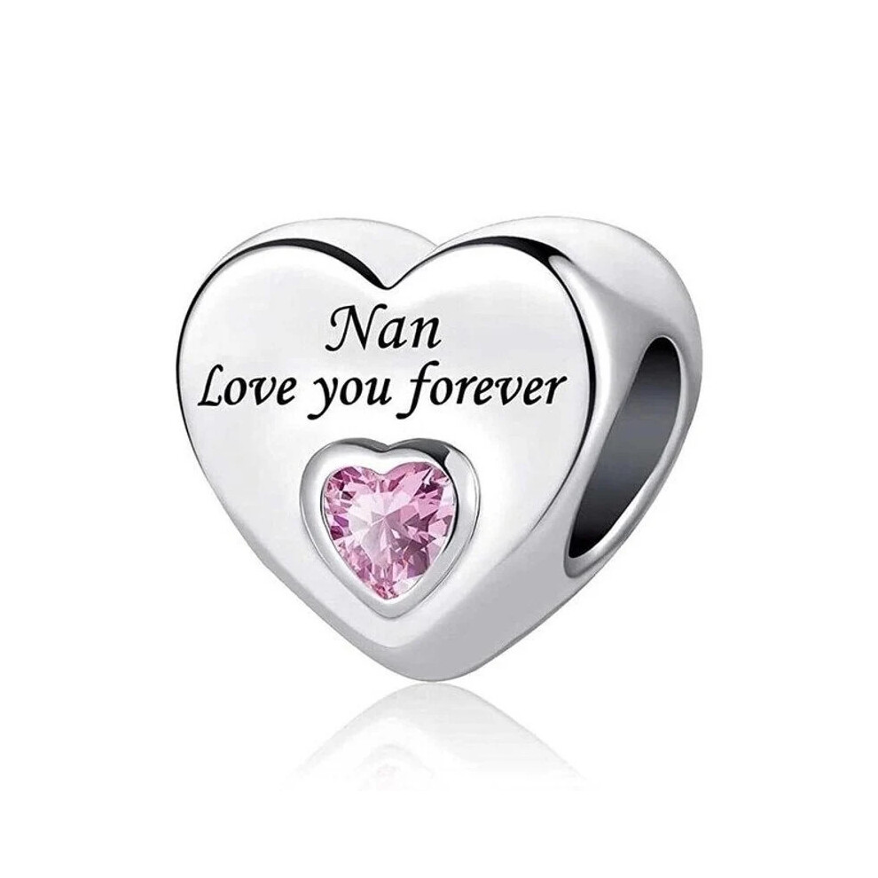 (Nan love you forever) S925 Silver Sterling Family Love You Forever Heart Pink bead Bracelet Charms Personalized Elegant Bridesmaid for snake chain Bracelet Charms
