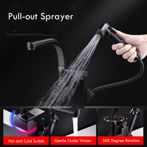(Black) Pull-Out Kitchen Sink Faucet Multifunctional Pressurized Sprayer Booster 2