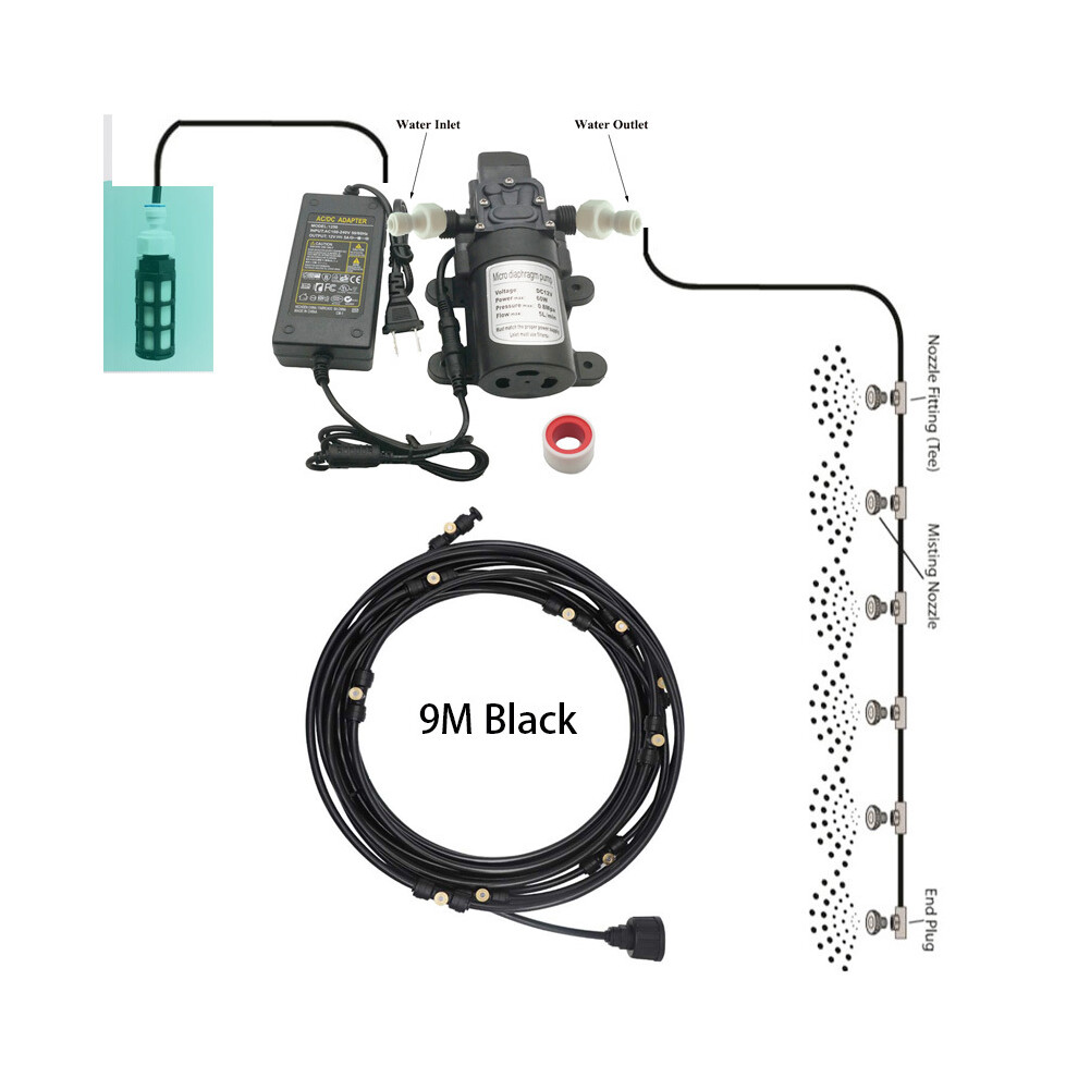 (9M Black) Misting Cooling System With Pump Filter Kit 20FT-60FT Mister Line Brass