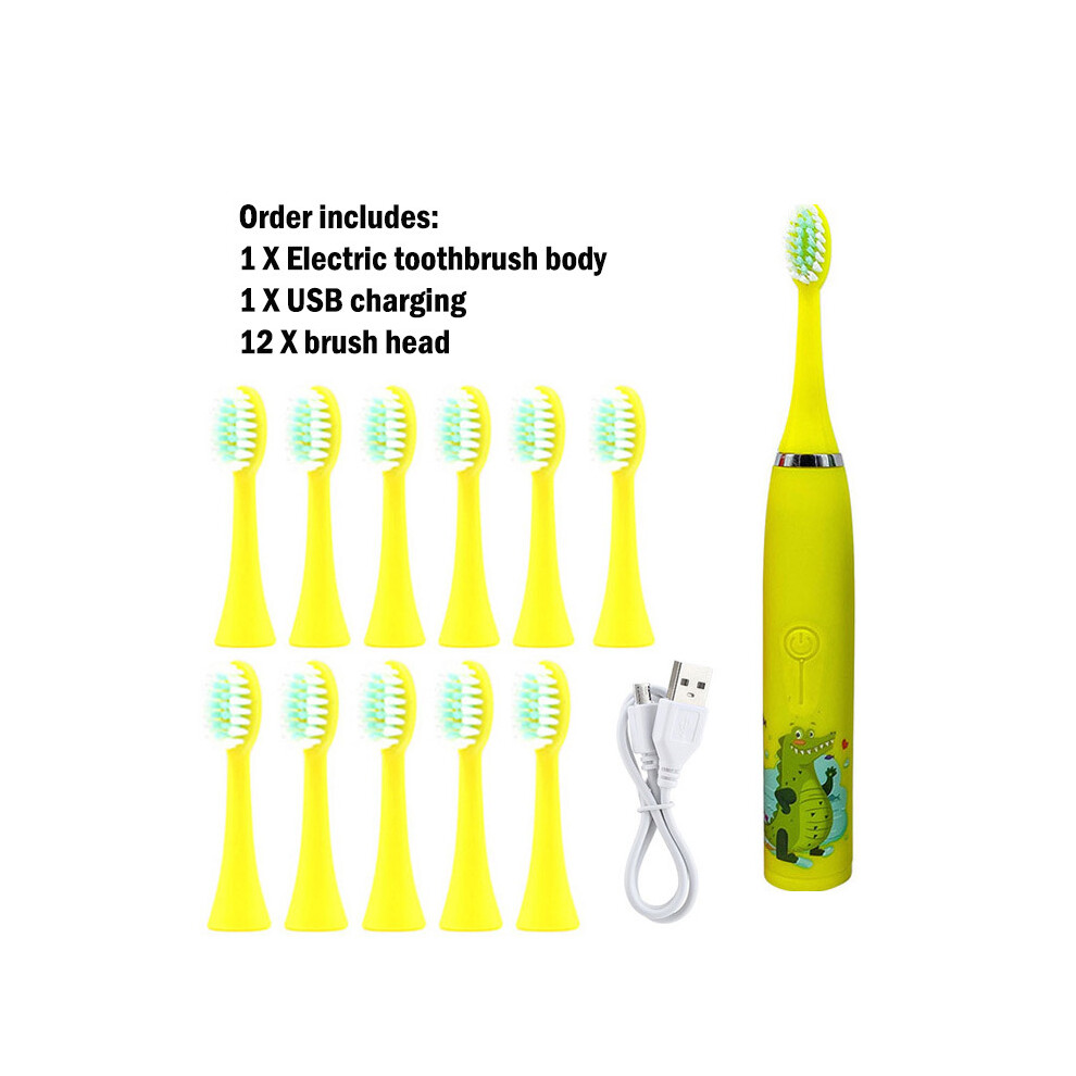 (Yellow 12 heads) Sonic Children Electric Toothbrush With 12pcs Brush Heads IPX7 Waterproof