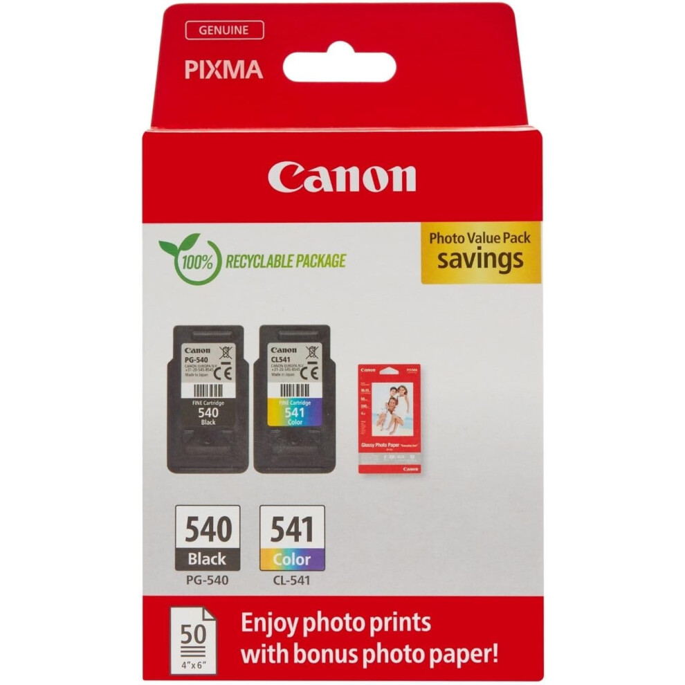 Canon Ink & Paper Multipack - PG-540/CL-541 Genuine Printer Ink Cartridges 2 Pack (1 x Black, 1 x Colour) & 4x6 Photo Paper (50 x Sheets) Compatible