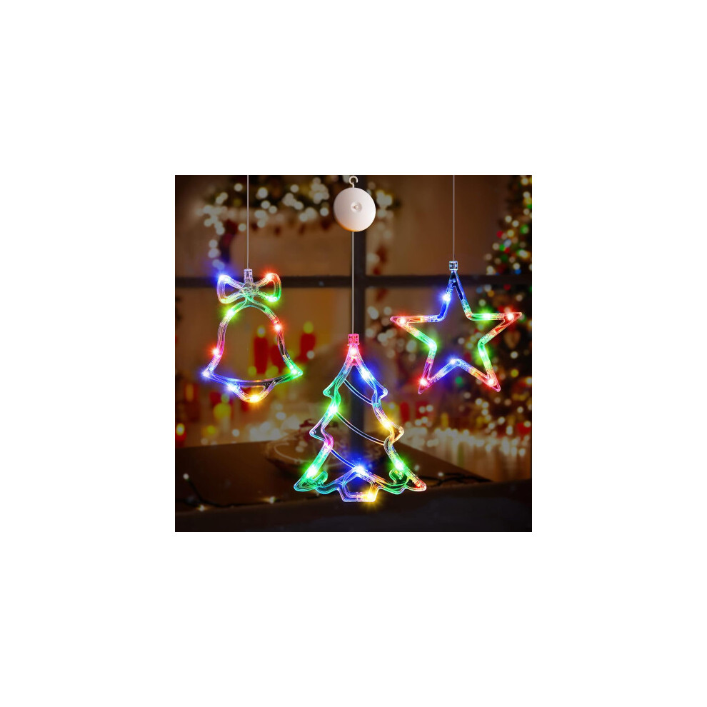 3Pcs Battery Powered Window Hanging Multi Colour Glowing Tree Bells Star Shaped LED Suction Cup Lights for Christmas Outdoor Decoration