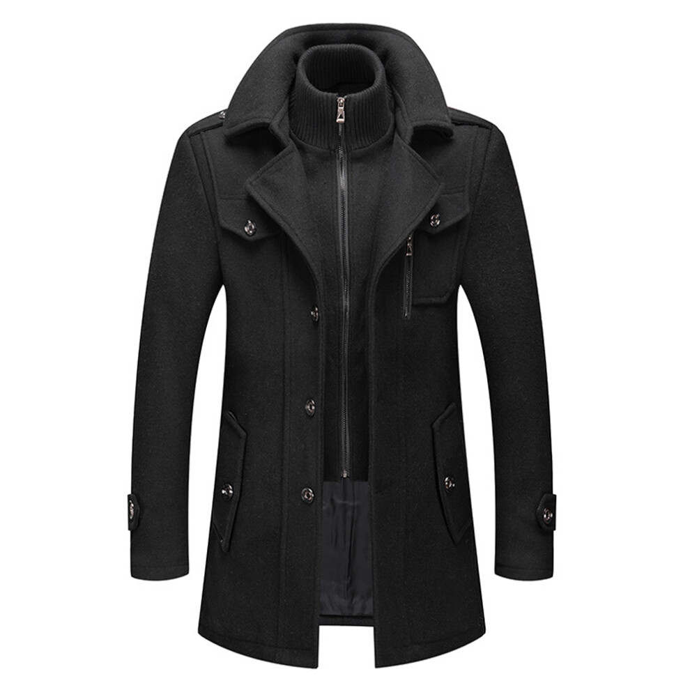 (black, 5XL) Mens Wool Coats Winter Padded Trench Coat for Casual Business Outwear Thick Wool Blend Peacoat with Removable Inner Collar