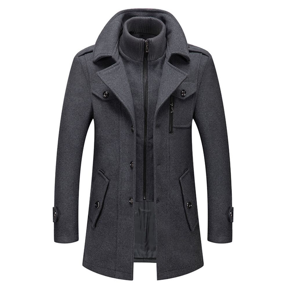 (gray, M) Mens Wool Coats Winter Padded Trench Coat for Casual Business Outwear Thick Wool Blend Peacoat with Removable Inner Collar